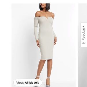 Express - Metallic Ribbed Off The Shoulder Long Sleeve V-Wire Midi Sweater Dress